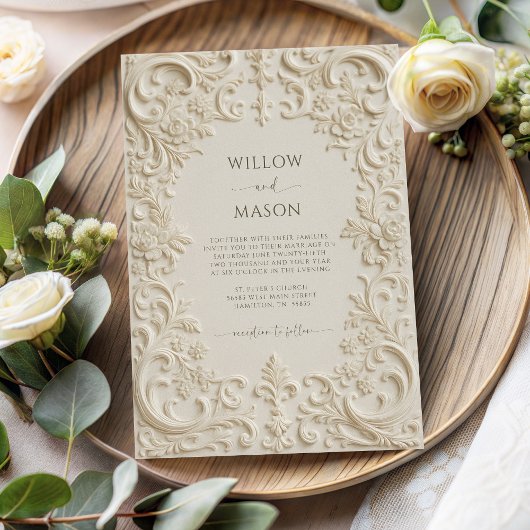 Barokke Elegantie Ivoor Script Bruiloft Kaart