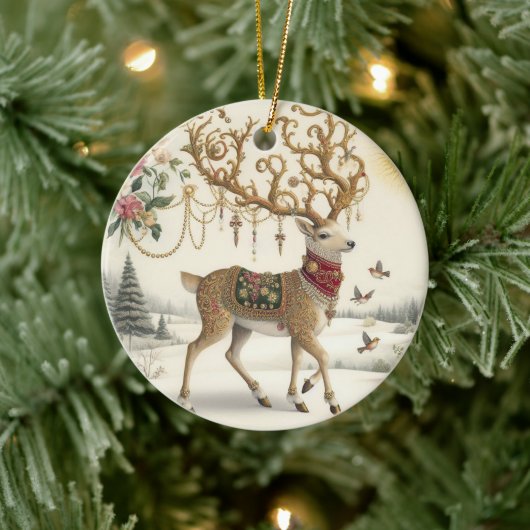 Barokke elegantie: rendier in de sneeuw keramisch ornament (Boom)