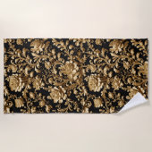Barokke elegantie: Zwart en Goud Bloemen Vlaams Strandlaken (Voorkant)