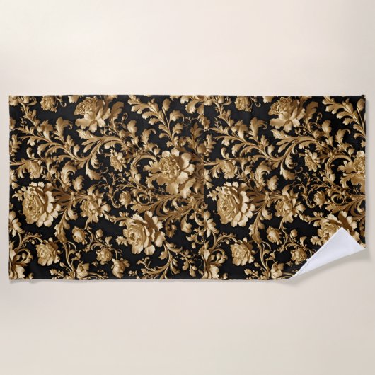 Barokke elegantie: Zwart en Goud Bloemen Vlaams Strandlaken (Voorkant)