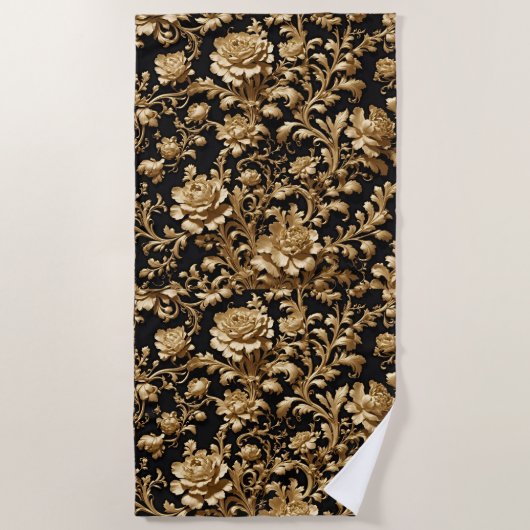 Barokke elegantie: Zwart en Goud Bloemen Vlaams Strandlaken (Voorkant)