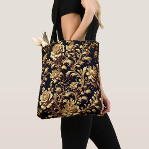 Barokke elegantie: zwart en gouden bloemen tote bag