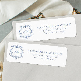 Barokke Floral Crest Blue Wedding Retouradres Etiket