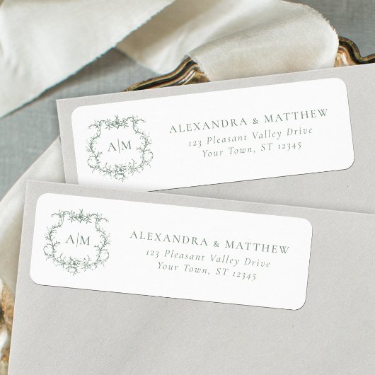 Barokke Floral Crest Green Wedding Retouradres Etiket
