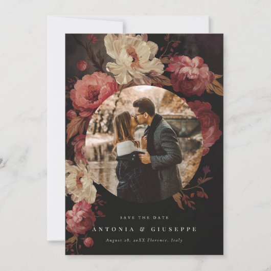 Barokke geschilderde bloemen foto save the date (Voorkant)