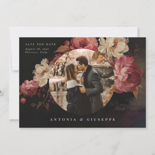 Barokke geschilderde bloemen foto save the date (Voorkant)