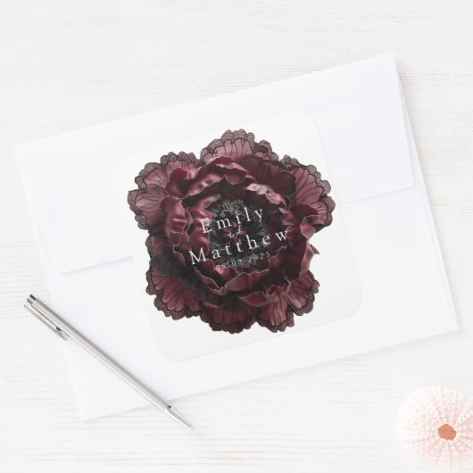 Barokke gotische pioenrozen bruiloft vierkante sticker (Envelop)