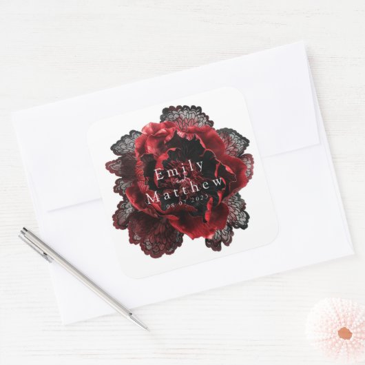 Barokke gotische pioenrozen bruiloft vierkante sticker (Envelop)