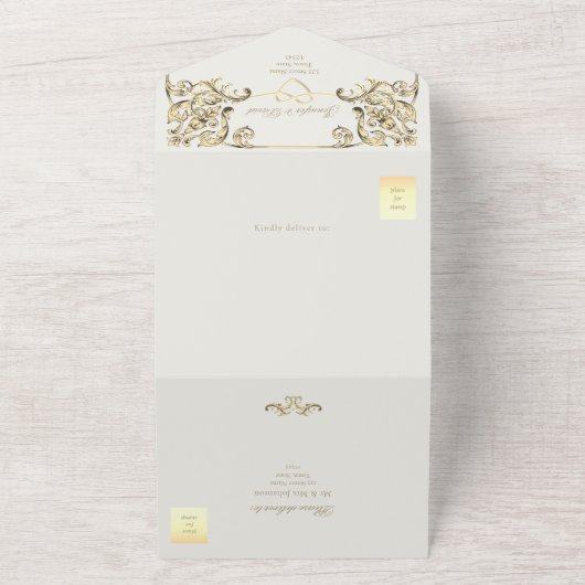 Barokke gouden bruiloft QR-code All In One Uitnodiging (Buitenkant)