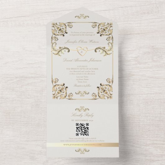 Barokke gouden bruiloft QR-code All In One Uitnodiging (Binnen)