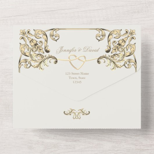 Barokke gouden bruiloft QR-code All In One Uitnodiging (Achterkant)