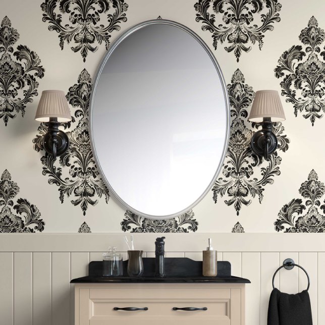 Barokke grandeur - Zwart en ivoor - Traditioneel Behang (Vintage Baroque Elegance Peel and Stick Wallpaper)