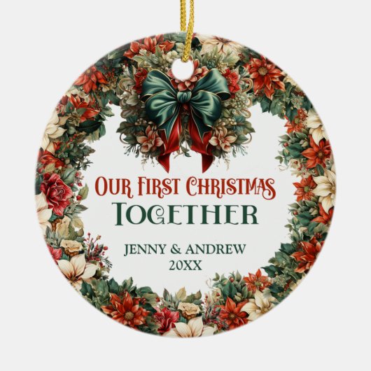  barokke groene en rode krans feestelijk keramisch ornament (Voorkant)