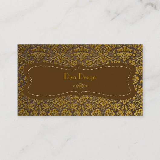 Barokke kant damast / faux goud / kastanje bruin visitekaartje (Voorkant)