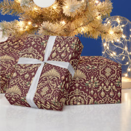 Barokke Kerstbalpatroon in Bourgondië Goud Cadeaupapier