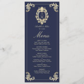 Barokke Marine Blauw Goud Trouwdiner Menu (Voorkant)