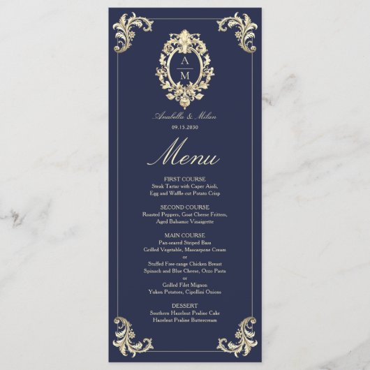 Barokke Marine Blauw Goud Trouwdiner Menu (Voorkant)
