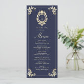 Barokke Marine Blauw Goud Trouwdiner Menu (Staand voorkant)