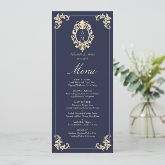 Barokke Marine Blauw Goud Trouwdiner Menu (Staand voorkant)