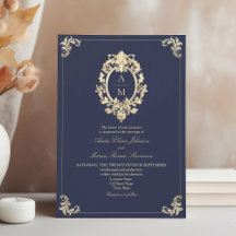 Barokke Navy Blauwe Gouden Monogram Trouwkaart