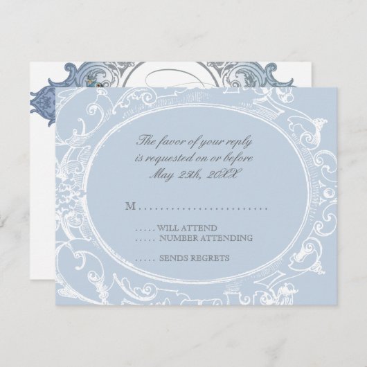 Barokke Peacock RSVP-reactiekaart - blauw RSVP Kaartje (Voorkant / Achterkant)