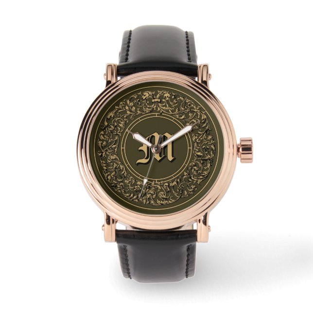 Barokke Rococo Bloemenkrans Monogram Print Horloge (Voorkant)
