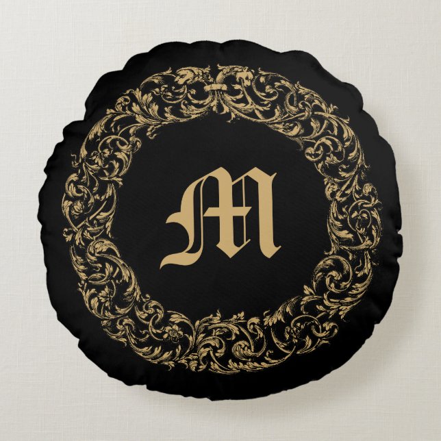 Barokke Rococo Bloemenkrans Monogram Print Rond Kussen (Voorkant)