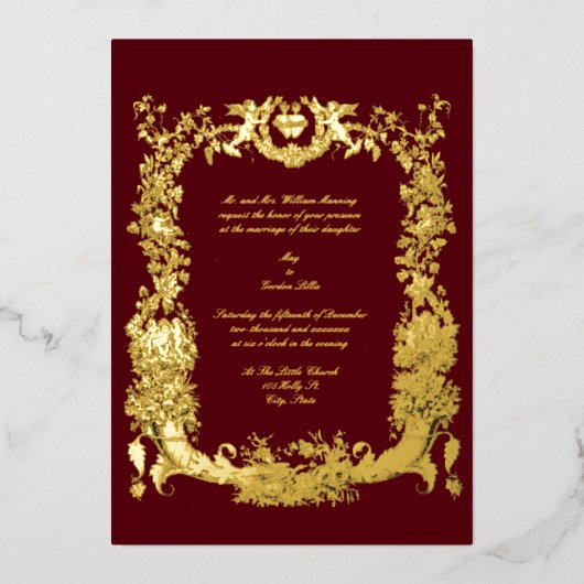 barokke rococo gouden rand met harten folie uitnodiging (Voorkant)