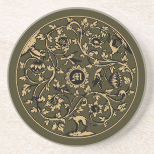 Barokke Rococo Vogels Dieren Bloem Motief Monogram Zandsteen Onderzetter