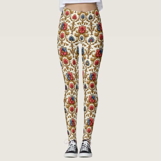 Barokke rood-blauwe en gouden bloemen leggings (Voorkant)
