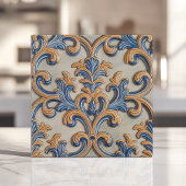 Barokke Scroll Damask Blauw Goud Italiaanse stijl Tegeltje