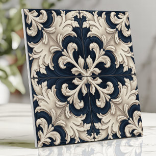 Barokke Sierlijke Ivoorkleur en Marineblauw Tegeltje
