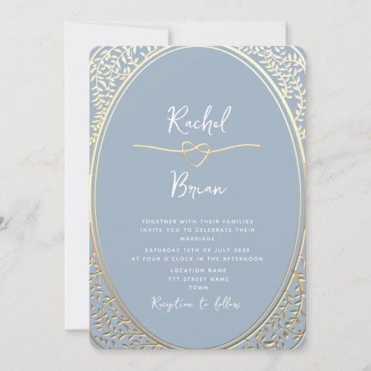  barokke stoffige blauw gouden bruiloft uitnodigin kaart (Voorkant)