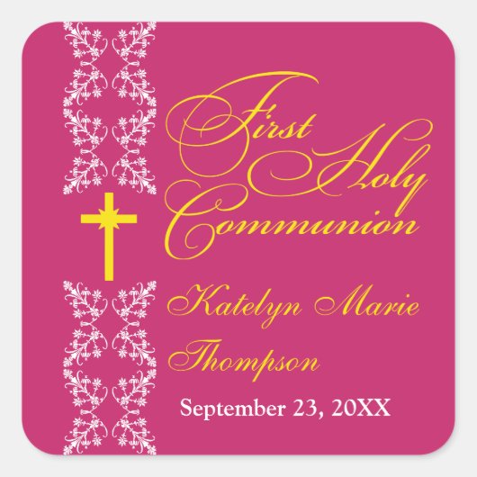 Barokke strook Fuchsia Eerste Heilige Communie Vierkante Sticker (Voorkant)
