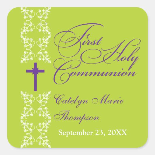 Barokke strook Limoen First Holy Communion Vierkante Sticker (Voorkant)