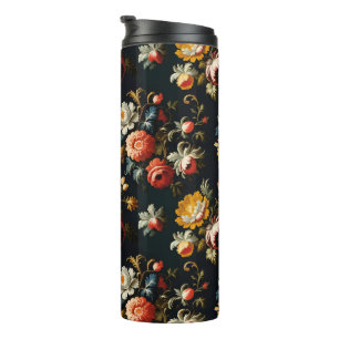 Barokke Weelderige Bloemen op een Zwarte Achtergro Thermosbeker