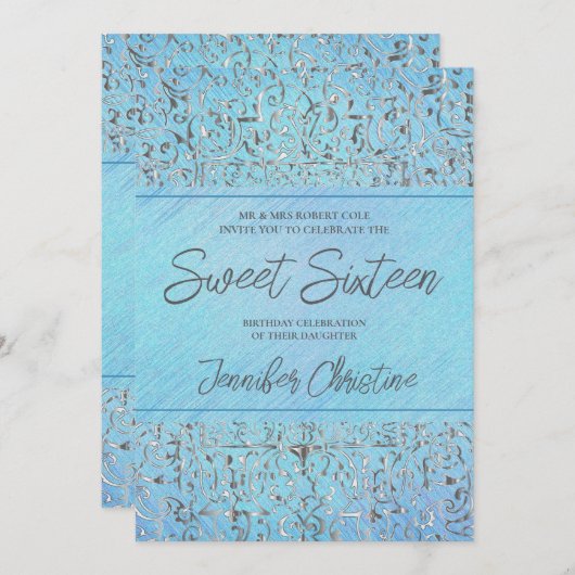 Barokke zilveren en blauwe Quinceanera uitnodiging (Voorkant / Achterkant)