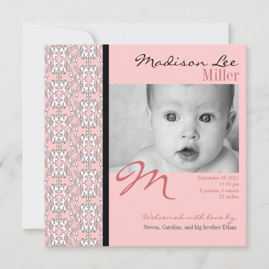 Baroko in Pink Baby Girl Aankondiging (Voorkant)