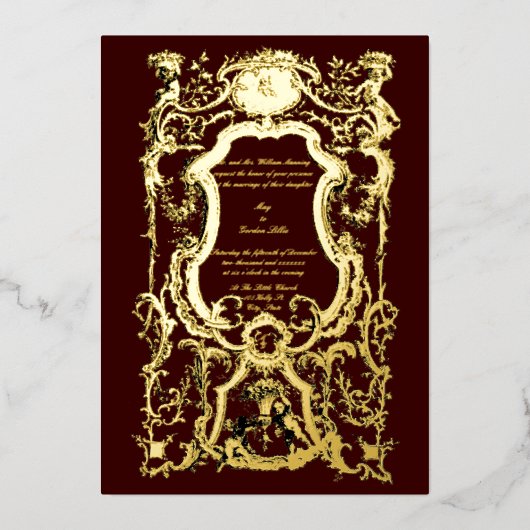 Barokrococo 1700's Floral Border met Cherubs Folie Uitnodiging (Voorkant)