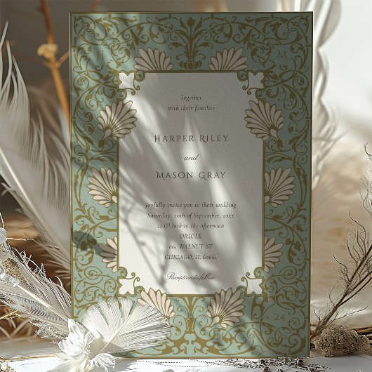  barokstijl sage beige bruiloft kaart