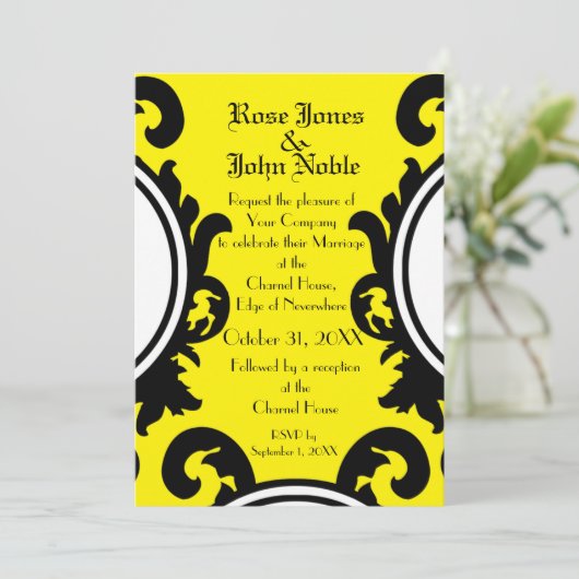 Baroque Black (geel) Wedding Invitation Kaart (Staand voorkant)