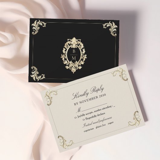 Baroque Black Gold Wedding RSVP Kaartje