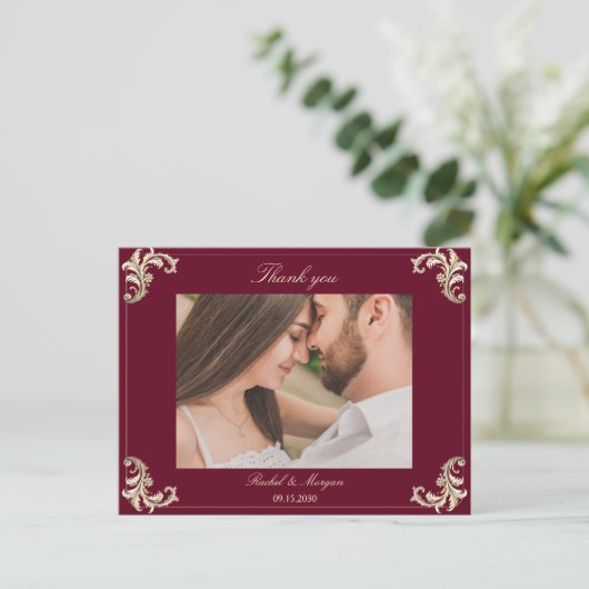 Baroque Burgundy Gold Wedding Thank You Briefkaart (Staand voorkant)