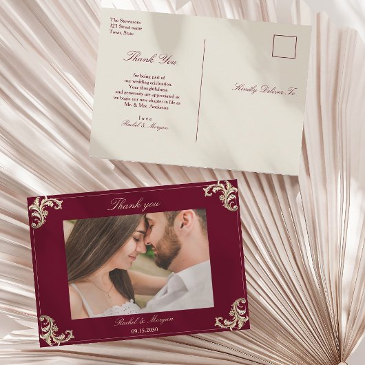 Baroque Burgundy Gold Wedding Thank You Briefkaart
