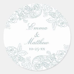 Baroque Circular Dusty Blue Wedding Logo Ronde Sticker