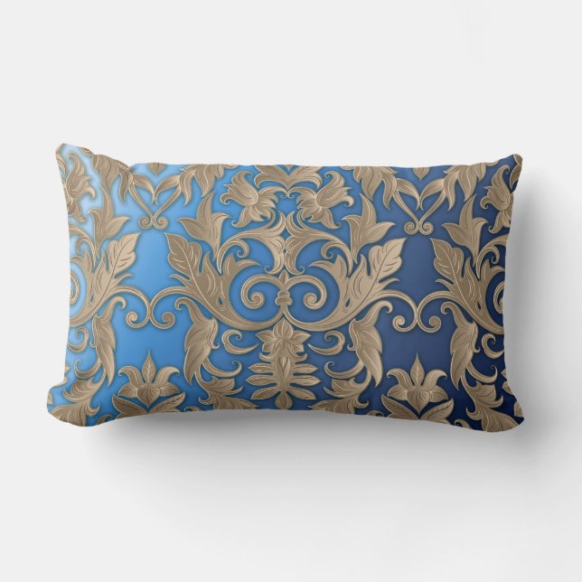 Baroque Damask Brocade Cream Beige op Blue Kussen (Voorkant)