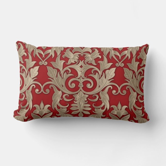 Baroque Damask Brocade Cream Beige op Red Kussen (Voorkant)