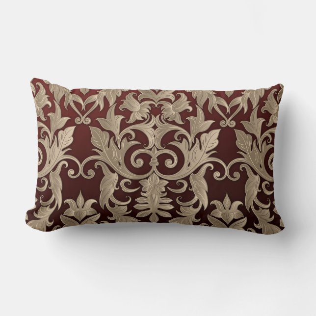 Baroque Damask Brocade Cream Beige over Bourgogne Kussen (Voorkant)
