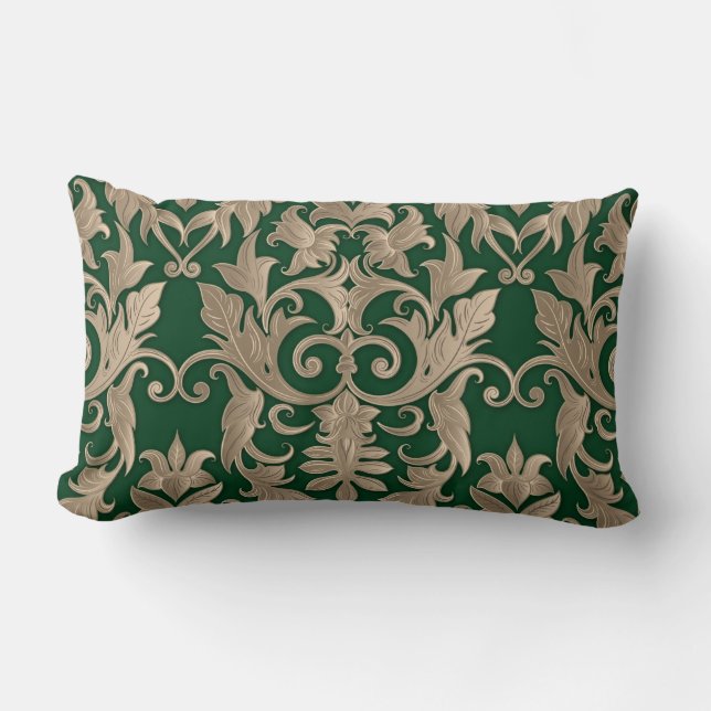 Baroque Damask Brocade Creamy Beige over Green Kussen (Voorkant)