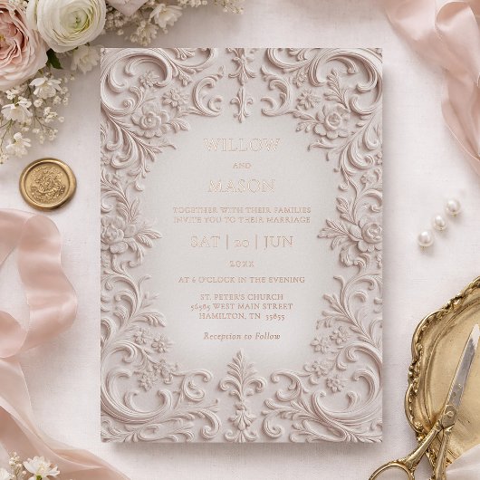 Baroque Elegance Blush Rose Gold Wedding Folie Uitnodiging
